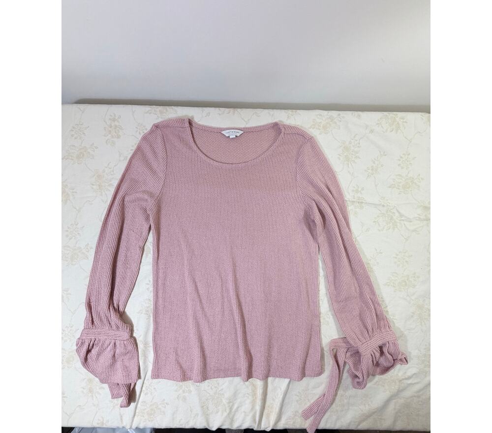 Lucky Brand Women's Small Pink Ribbed Knit Sweater Tie Sleeve Pullover Top